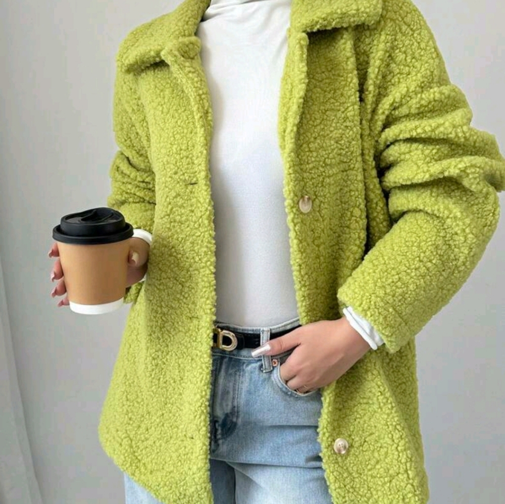 Solid Color Front Button Long Sleeve Casual Sherpa Collar Jacket Fall/ Winter - Picture 4 of 6